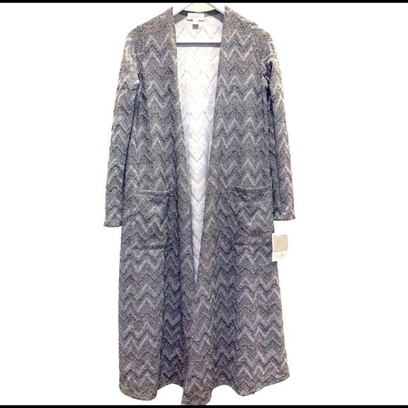 Silver Gray Shimmer Metallic Herringbone Long Sleeve Cardigan Duster - Picture 3 of 7